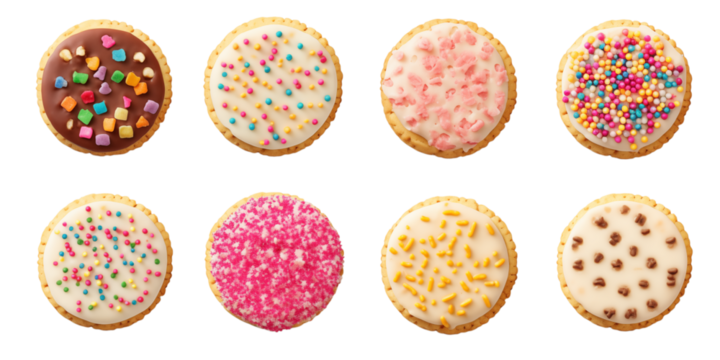 カラフルなスプリンクルとチョコレートのデコレーションが施されたアイスドクッキーの盛り合わせ（透明な背景、PNG形式）








