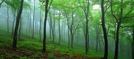 Dense Tropical Jungle With Tall Trees Surrounded By Mist And Fog Under A Cloudy Sky