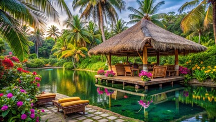 Obraz premium Serene Tropical Oasis Thatched Gazebo Over Water, Lush Greenery, Vibrant Flowers, and Tranquil Relaxation