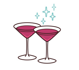 Minimalistic line art illustration of two clinking martini glasses with sparkling stars on white background
