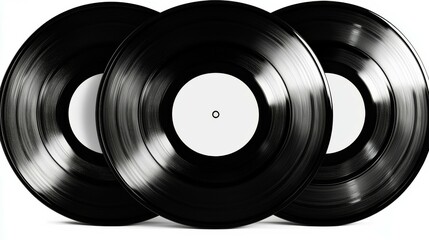 Vintage Vinyl Records Trio with Glossy Black Surface and White Labels Arranged Horizontally on White Background for Music, Audio, DJ, Retro and Nostalgia-themed Design