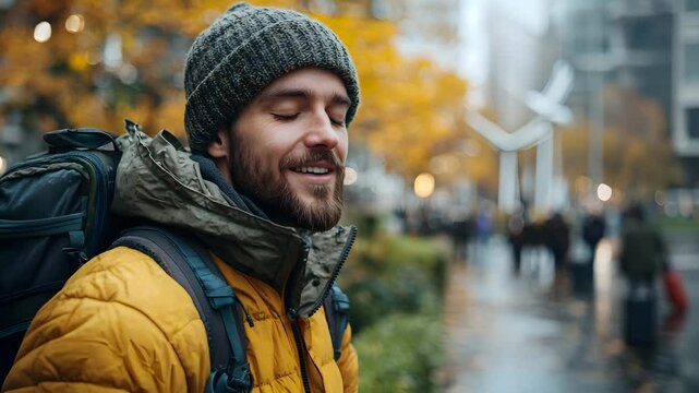 Cheerful environmentalist exploring the city in autumn