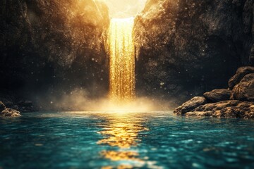 Golden waterfall cascades into a tranquil pool, nestled within a dark, mystical cave.