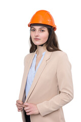 A girl architect in a suit and an orange construction helmet stands on a white background.