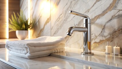 Modern Bathroom Faucet with Stacked Towels and Soap Dispensers on Marble Countertop