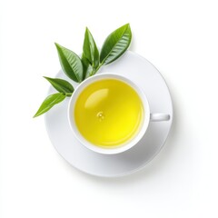 Cup of green tea with leaves on plate on white background