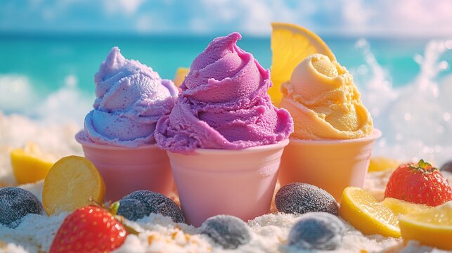 Summer beach picnic with pastel fruit sorbets