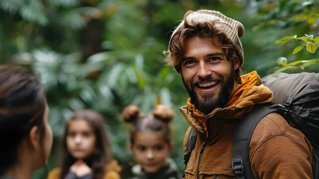 Dynamic environmentalist leading forest hike to teach biodiversity