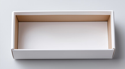 A high-resolution photograph of an empty white candy bar box on a grey background, viewed from the top. The image is insanely detailed, with fine, clean, and sharp focus, and profe