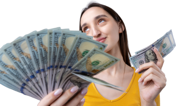 Photo of a wealthy woman in simple clothes holding a fan of dollar money isolated against a concrete wall background