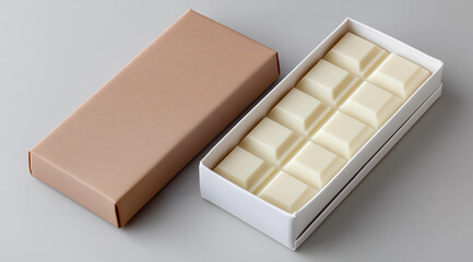 3D render of a simple, blank white chocolate bar box on a grey background, top view.