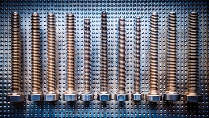 A precise arrangement of metallic threaded fasteners, exhibiting variations in length, displayed against a perforated metal backdrop