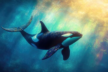 A majestic orca, adorned with iridescent scales, gracefully swims through sunlit ocean depths.