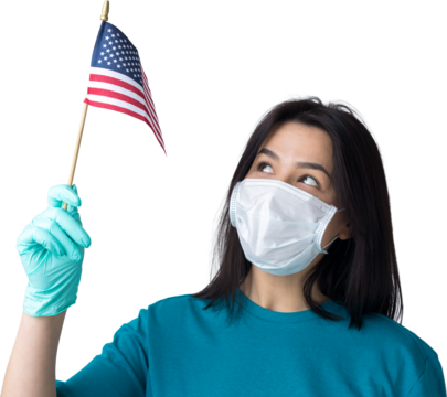 A girl in a medical mask and gloves holds an American flag in her hands. Coronavirus concept. Protect your health. .Stop the threat of a pandemic.