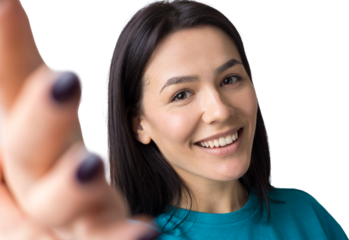 Portrait of attractive young woman wants to hug you, isolated on grey background.