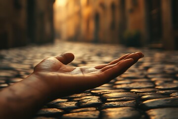 A lone hand rests on a cobblestone street, bathed in the warm glow of sunset, conveying vulnerability and solitude.