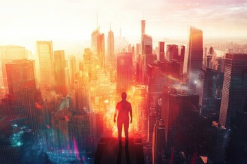 A lone figure silhouetted against a vibrant, sun-drenched cityscape at dawn, symbolizing ambition and urban dreams.