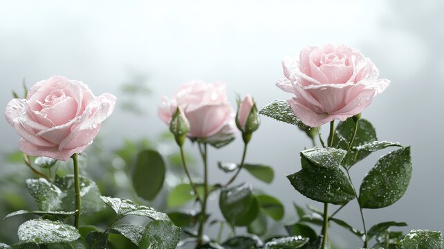 Pink Roses with Dew Drops, Misty Garden pink roses rose dew drops water droplets mist foggy garden
