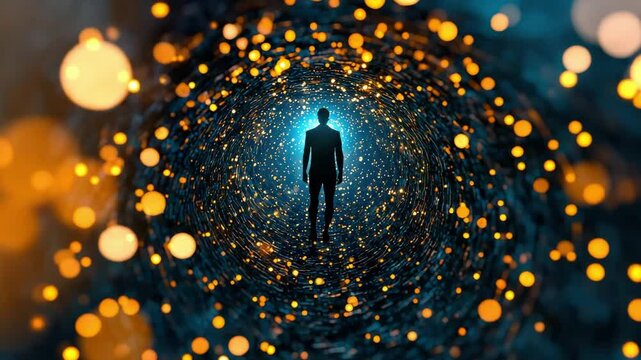 A Silhouette of a Man Walking Through a Sparkling Tunnel of Light Abstract Concept of Journey Transformation and Hope