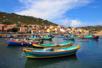 Fototapeta premium A picturesque coastal town with colorful fishing boats docked by the serene water under a clear sky Generative AI