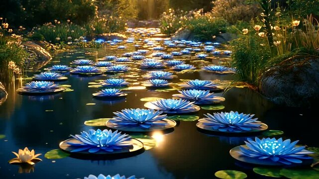 Illuminated lotuses stream, garden sunset