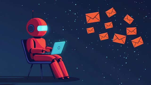 Red Robot Working on Laptop Receiving Emails in Space Futuristic Technology Concept