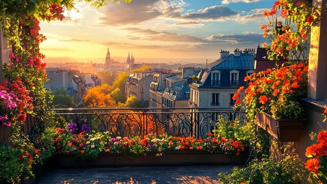 Parisian Balcony with Flowers at Sunrise.