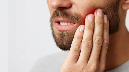 Grimacing bearded male with reddened cheek, showcasing intense dental discomfort and potential oral health problem