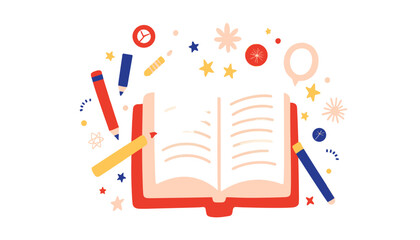 Fototapeta premium Colorful open book surrounded by stars and school supplies 