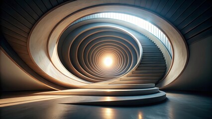 Obraz premium Ascending a Curving Architectural Staircase Towards a Bright, Distant Light Source, Creating an Abstract and Evocative Composition of Form and Space