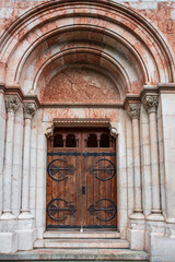 Detail of the entrance door to the Basilica of Covadonga in Asturias, Spain