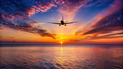 Naklejka premium A majestic airplane descends towards the ocean during a vibrant sunset, casting a breathtaking silhouette against the fiery sky