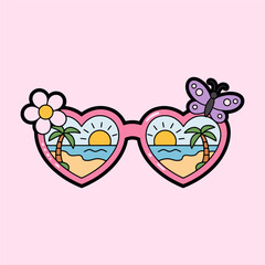 Cute Heart Sunglasses with Beach and Butterfly Illustration