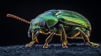 Fototapeta premium Vibrant Green Jewel Beetle Macro Photography Stunning Nature Insect Closeup Detailed Emerald Green Beetle Detailed Texture Winged Creature bug art 