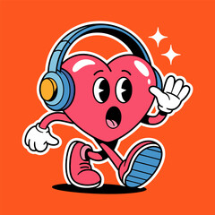 Cute Heart Character Listening to Music with Headphones