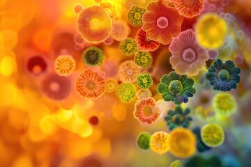Microscopic view of colorful, flower-like structures, possibly cells or microorganisms.