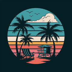 Retro Beach Sunset with Palm Trees and Lifeguard Tower Illustration