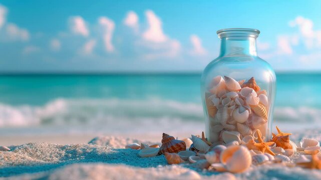 Tranquil beach scene with seashells and waves lapping shoreline at sunset