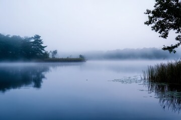 A serene misty morning on a tranquil lake with soft reflections and calm waters Generative AI