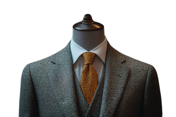 A mannequin dressed in a textured grey suit, white shirt, and vibrant orange patterned tie, isolated on a transparent background