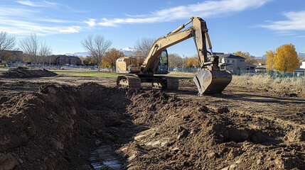 Obraz premium Excavator working on residential land development with clear blue sky