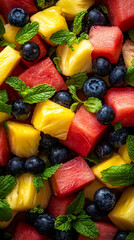 Vibrant diced fruit salad with blueberries, mint, and pineapple on a plate