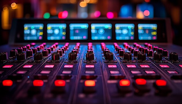 Illuminated audio mixing console with numerous knobs and displays