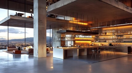 Modern Kitchen Interior with Smart Home Features and Urban View