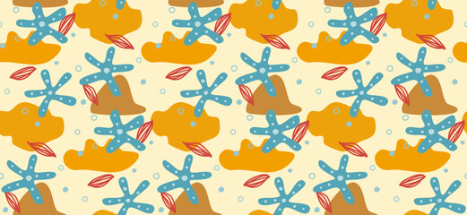 Abstract Summer Seamless Pattern with starfish and Waves. Illustration. vector.
