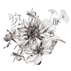 Seamless pattern. Bouquet of flowers. Floral composition on a watercolor background. Abstract wallpaper with floral motifs. Use for printed products, signs, posters, postcards, packaging.