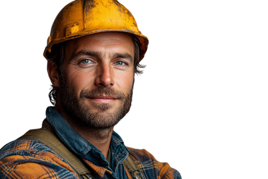 Construction worker in rugged yellow hard hat and plaid shirt, smiling with dust and grit marks, isolated on a transparent background