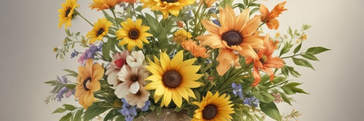 Sun-drenched watercolor bouquet, summer flora, leaf, vibrant
