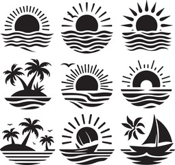 Sea and Sun Silhouette Vector Set Collection