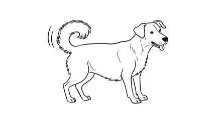 Happy Dog Wagging Tail, Line Art Illustration.